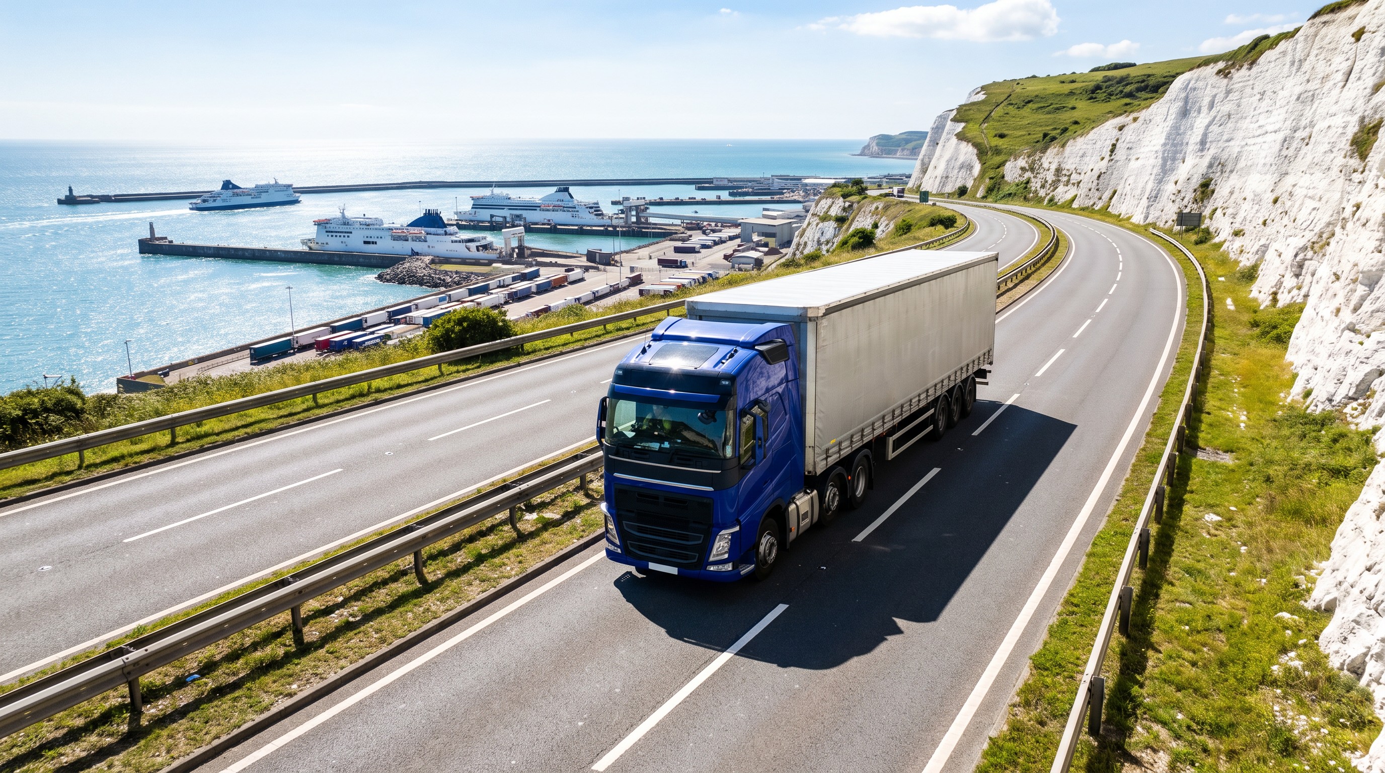 Blue articulated lorry on a coastal road beside white cliffs and a ferry port