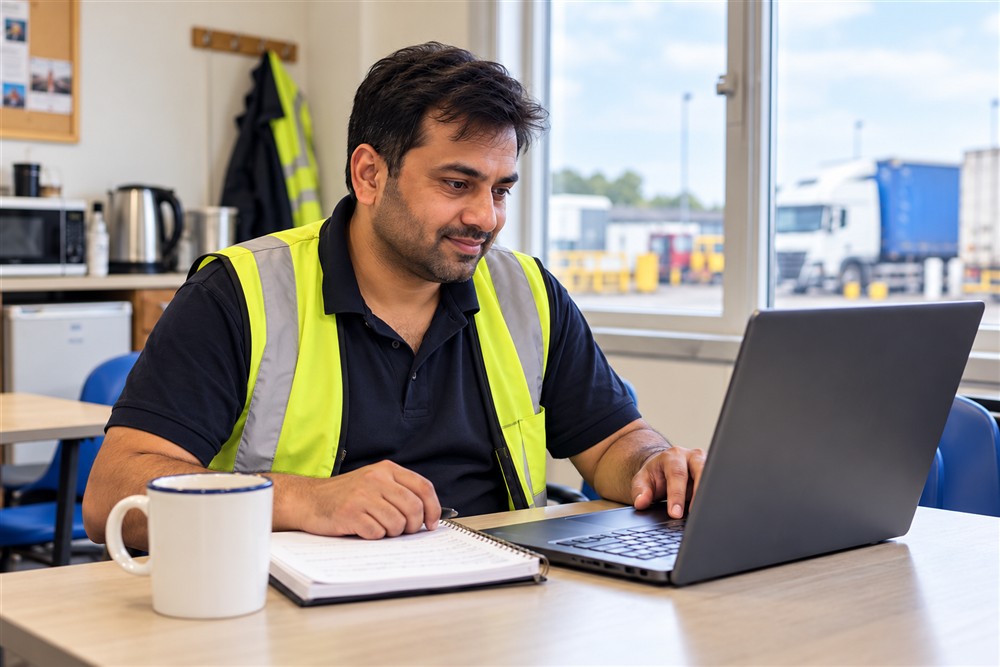 Learner studying on a laptop in a depot break room
